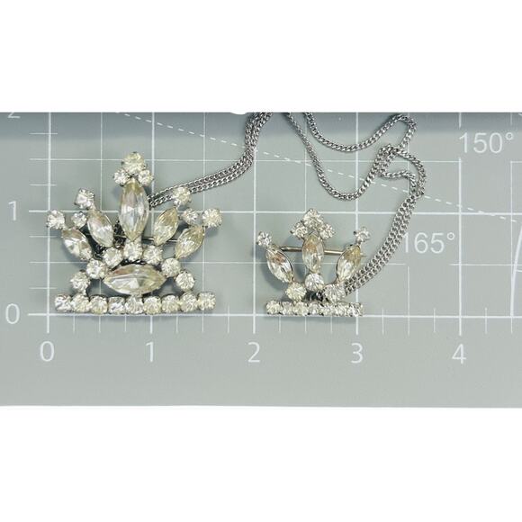 Vintage Sterling Chatelaine Brooch Pin Rhinestone Double Crowns Chains - Picture 8 of 10